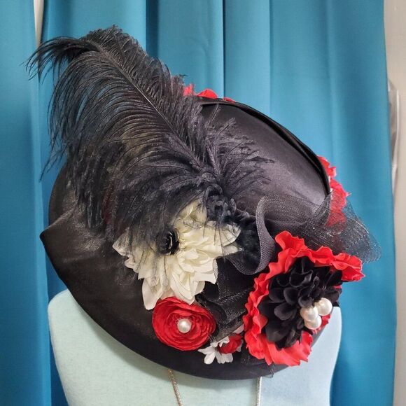 Handmade Kentucky Derby Custom Floral Black & Red Straw Big Brim Hat - Picture 3 of 7